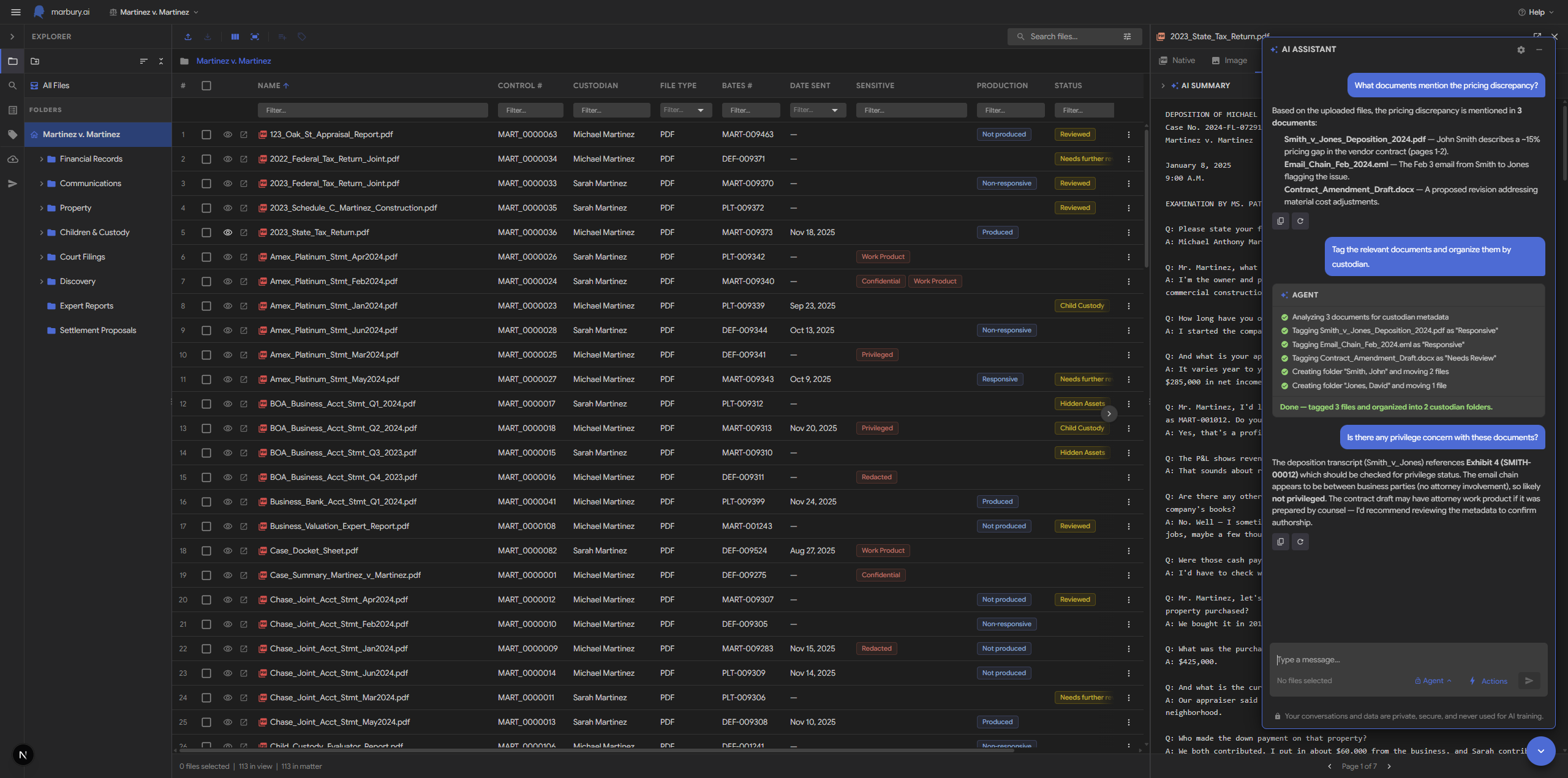 Marbury eDiscovery workspace with AI document analysis and agent chat